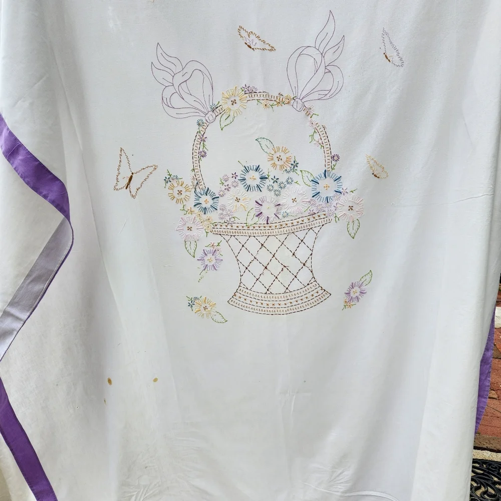 Antique White Comforter with Purple Trim and Multi-Color Floral Embroidery